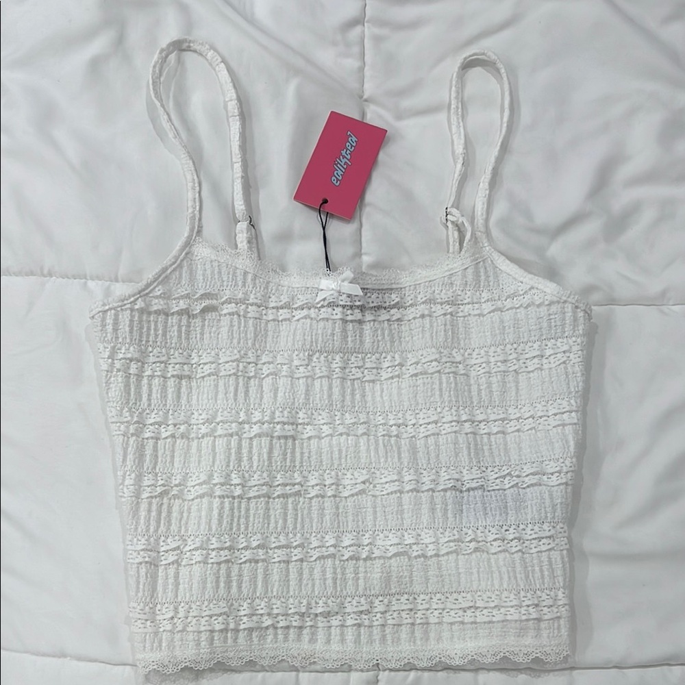 White Smocked Lace Trim Cami Top